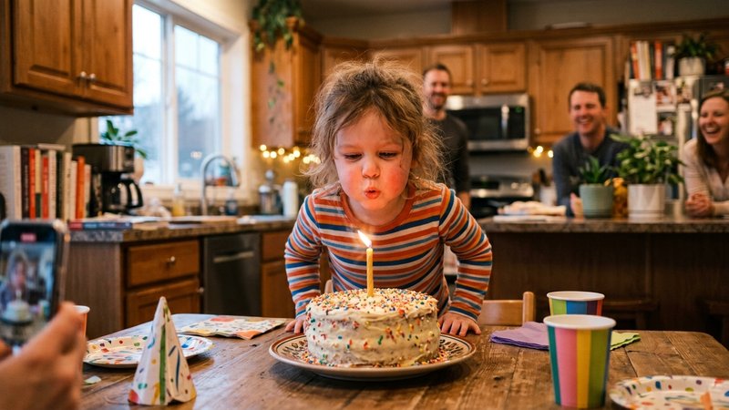 Un niño pequeño soplando la vela de una tarta de cumpleaños casera en la cocina de casa