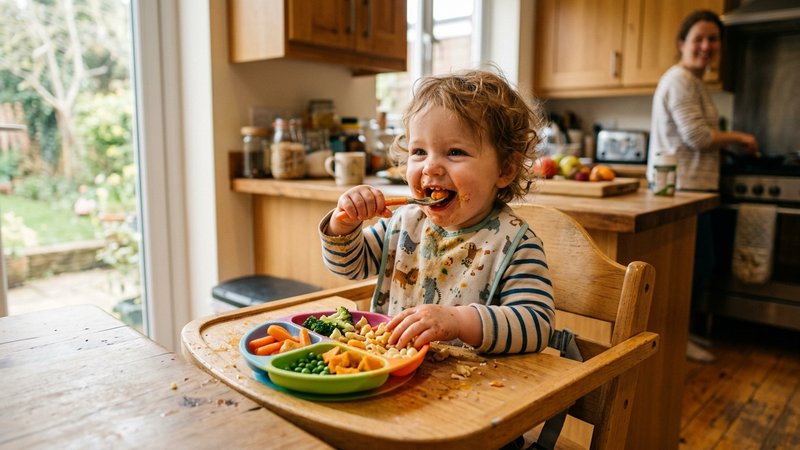 Un niño de un año comiendo con cuchara distintos alimentos coloridos en su trona, en la cocina familiar