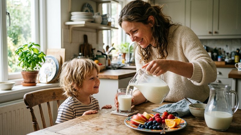 Una madre sirviendo un vaso de leche junto a un plato de fruta en la mesa de la cocina