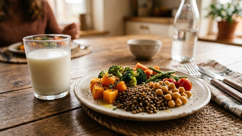 Un vaso de leche entera junto a un plato de verduras y legumbres cocinadas sobre la mesa familiar