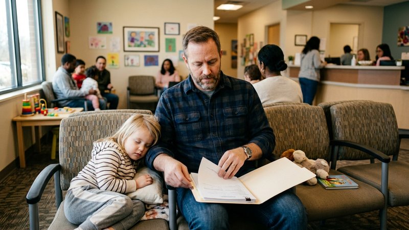 Un padre revisando con calma unos resultados de análisis en una carpeta, sentado en la sala de espera de una consulta pe