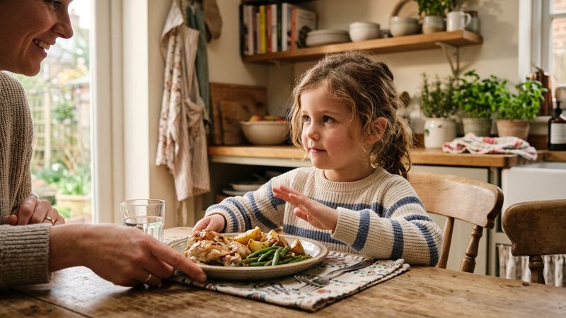 Un niño pequeño rechazando con gesto tranquilo un plato de carne en la mesa de la cocina