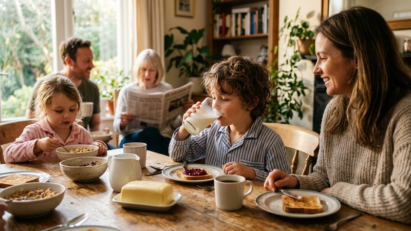 Un niño tomando un vaso de leche por la mañana sentado a la mesa del desayuno junto a su familia