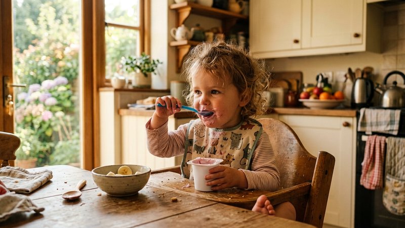 Un niño de dos años merendando un yogur con fruta en la cocina de casa con luz cálida de tarde