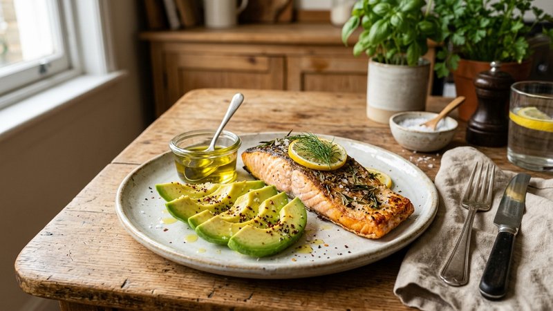 Un plato con pescado al horno, aguacate en láminas y aceite de oliva sobre la mesa de la cocina