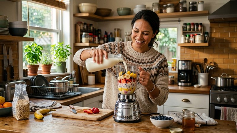 Una madre preparando un batido de fruta con leche en la batidora de la cocina de casa
