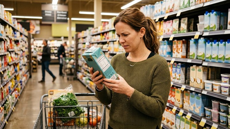 Una madre leyendo con atención la etiqueta de un envase de bebida vegetal en el pasillo del supermercado