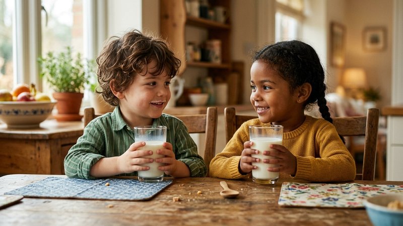 Dos niños pequeños de familias distintas tomando cada uno su propio vaso de leche, sentados juntos a una mesa
