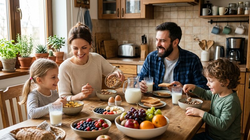 Una familia completa desayunando junta en la cocina de casa con un vaso de leche y frutas sobre la mesa