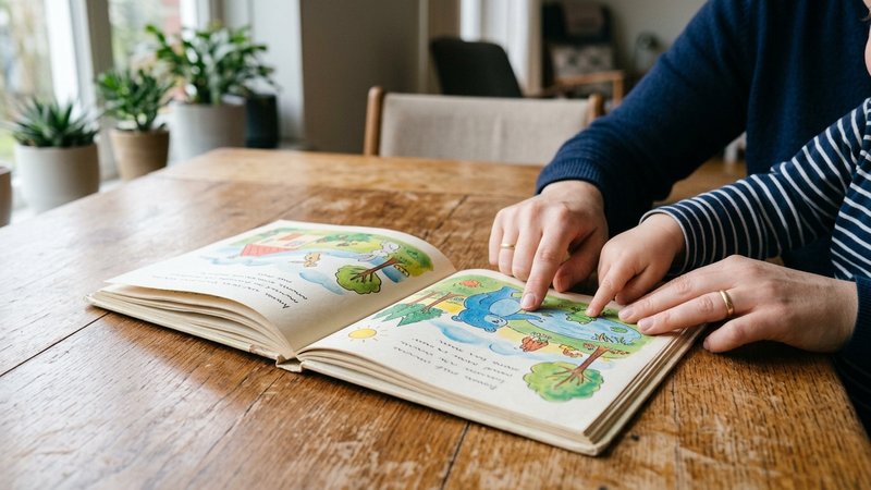 Un libro infantil ilustrado abierto sobre la mesa del comedor, con las manos de una madre y las de un niño señalando una