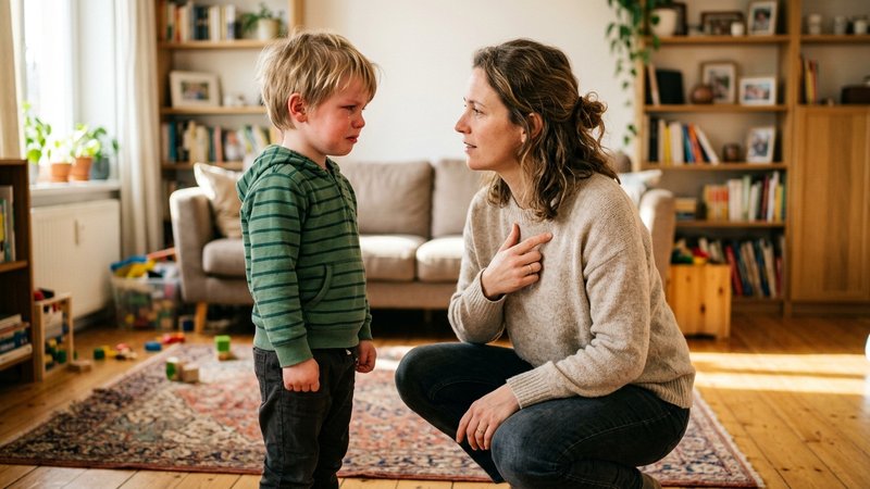 Una madre agachada a la altura de su hijo enfadado, señalando suavemente su propio pecho como quien nombra una emoción,