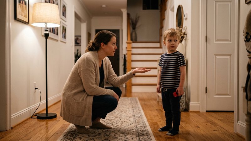 Una madre agachada a la altura de su hijo pequeño en el pasillo de casa, ofreciéndole la mano abierta sin tocarlo, con e