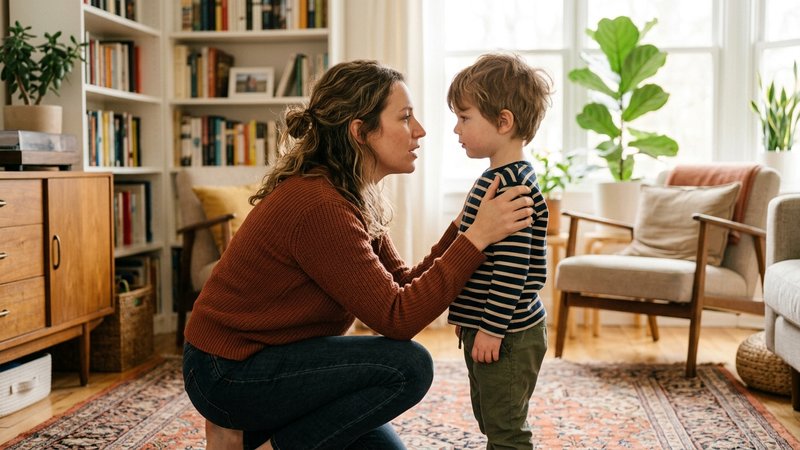 Una madre agachada a la altura de su hijo pequeño, muy cerca de él, sujetándole suavemente los hombros y mirándolo a los