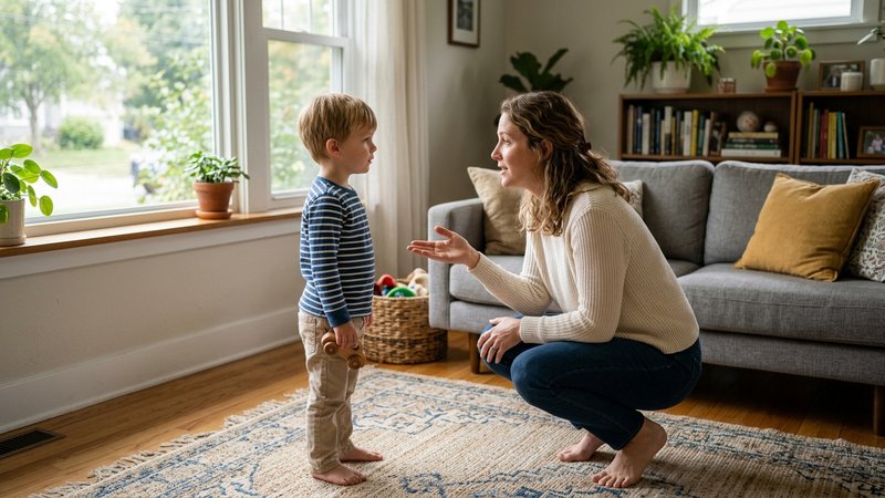 Una madre agachada a la altura de su hijo en el salón, dándole una única instrucción breve con una mano abierta, mientra