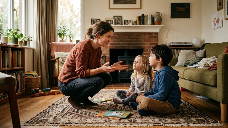 Una madre agachada frente a sus dos hijos pequeños en el salón, explicándoles algo con las manos abiertas y expresión se