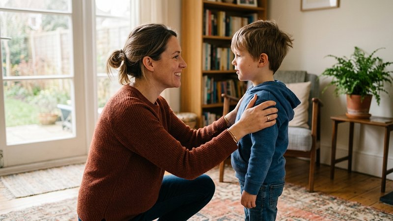 Una madre agachada frente a su hijo, con las manos en sus hombros y una sonrisa cálida, hablándole con confianza mientra
