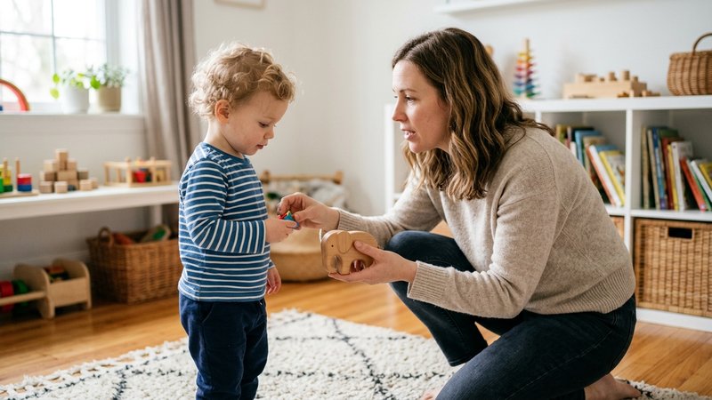 Una madre agachada frente a su hijo de dos años, retirándole con suavidad un objeto de la mano mientras le dice algo muy