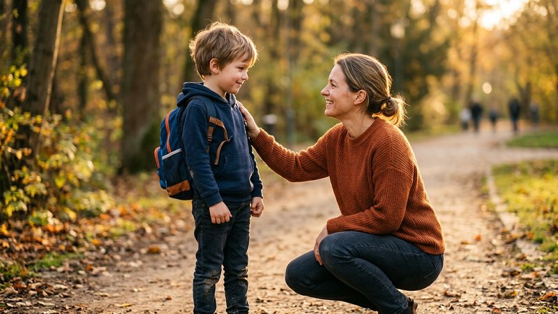 Una madre agachada frente a su hijo con la mano apoyada en su hombro y una sonrisa de reconocimiento sincero, valorando