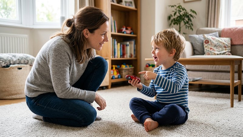 Una madre agachada frente a su hijo pequeño en el salón, sonriendo con calma y sin corregirlo, mientras el niño le habla