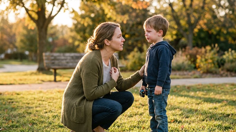 Una madre agachada frente a su hijo pequeño, nombrándole una emoción con gesto comprensivo mientras el niño la mira con
