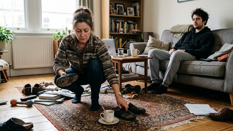 Una madre agachada recogiendo unas zapatillas y una taza sucia del suelo del salón, con expresión resignada, mientras su
