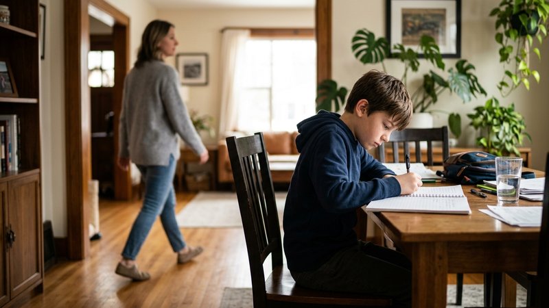 Una madre alejándose unos pasos de la mesa del comedor mientras su hijo sigue trabajando solo y concentrado en su cuader