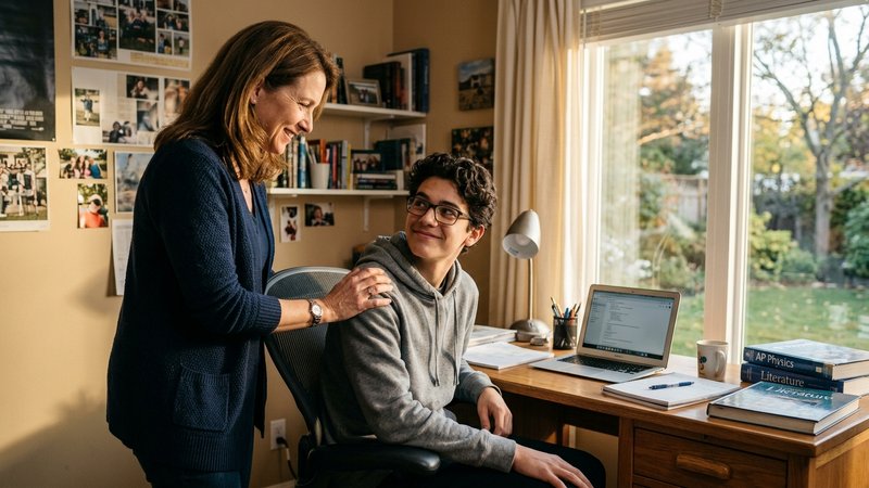 Una madre apoyando la mano en el hombro de su hijo adolescente sentado al escritorio, felicitándolo con una sonrisa brev