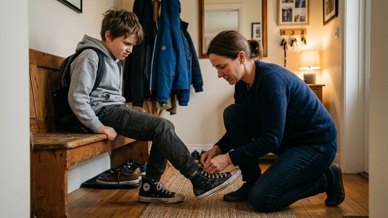 Una madre atando el cordón del zapato a su hijo de once años, que la mira con gesto incómodo mientras podría hacerlo sol