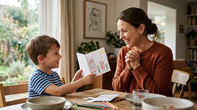 Una madre celebrando con una sonrisa amplia y las manos juntas mientras su hijo pequeño le entrega una tarjeta con un di