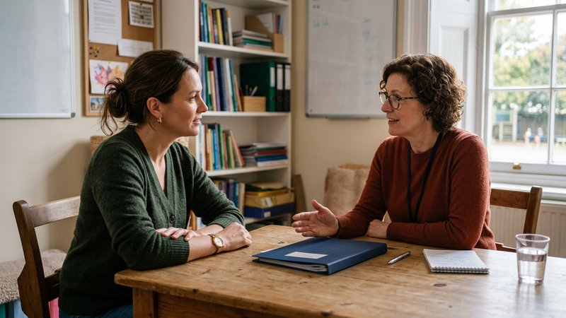 Una madre conversando con un tutor en una sala de tutorías del instituto, ambos sentados frente a frente con una carpeta
