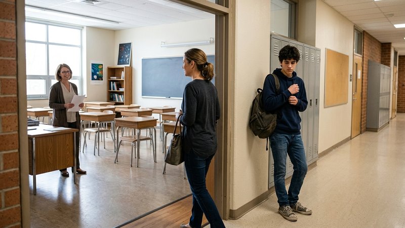 Una madre entrando en un aula vacía del instituto para hablar con un profesor, mientras su hijo adolescente espera fuera