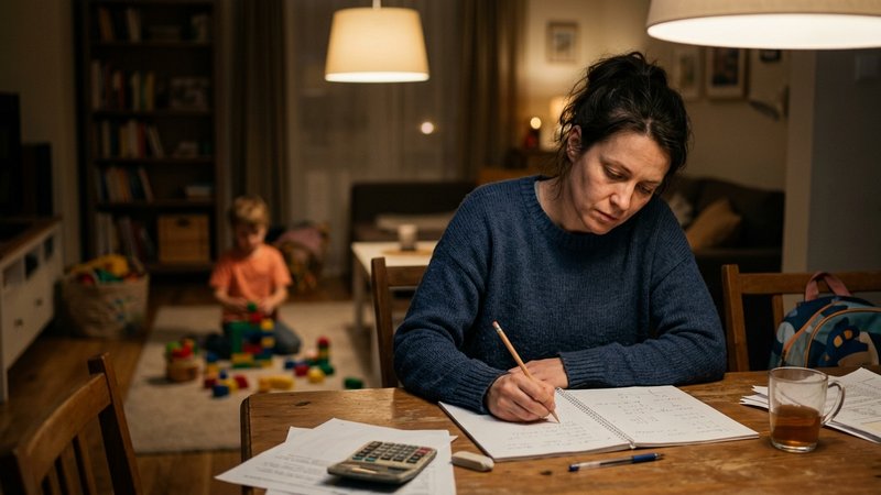 Una madre haciendo los deberes en lugar de su hijo, sentada sola a la mesa del comedor con un cuaderno abierto y un lápi