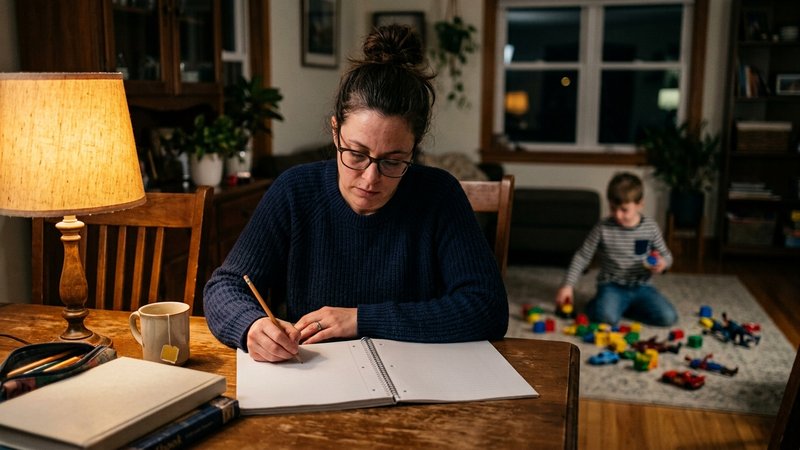 Una madre haciendo los deberes en lugar de su hijo, sentada sola a la mesa del comedor con un cuaderno abierto y un lápi