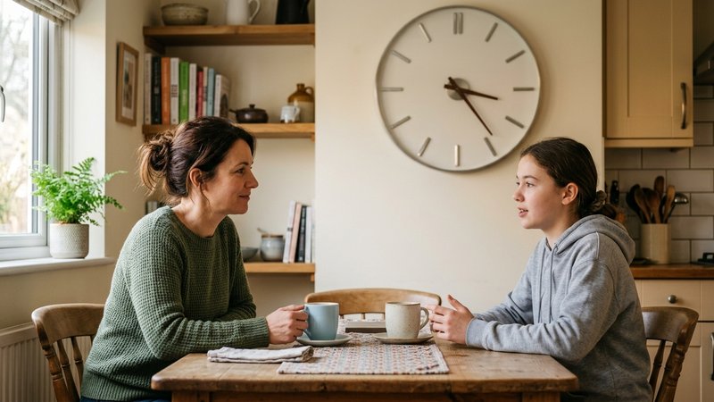 Una madre y su hija adolescente sentadas frente a frente en la cocina, acordando algo con tranquilidad, con un reloj de