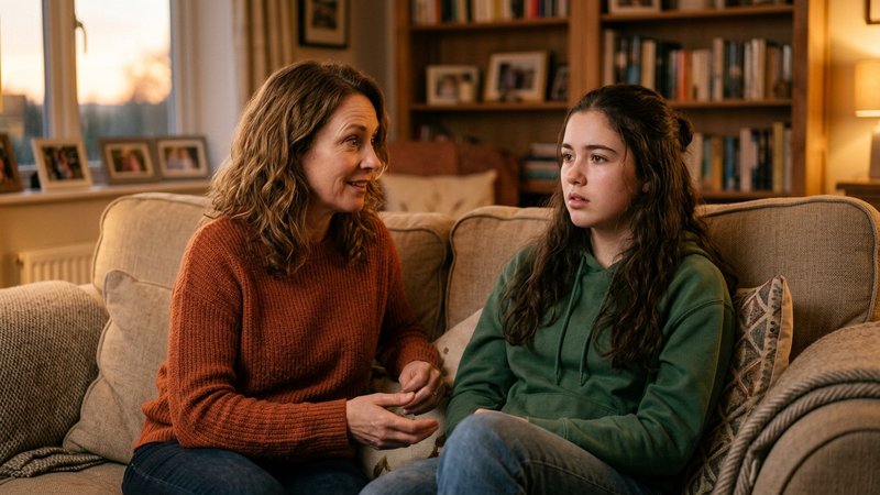 Una madre y su hija adolescente sentadas juntas en el sofá, la madre haciéndole una pregunta con gesto de curiosidad mie