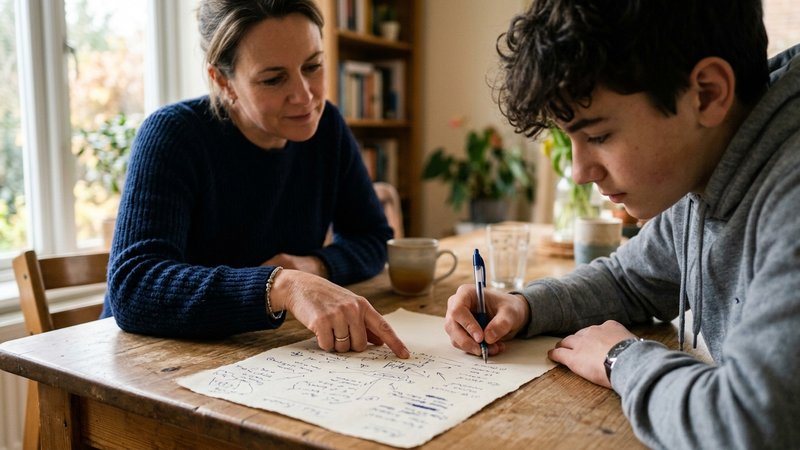 Una madre y su hijo adolescente apuntando ideas juntos en una hoja de papel sobre la mesa del comedor, ella señalando un