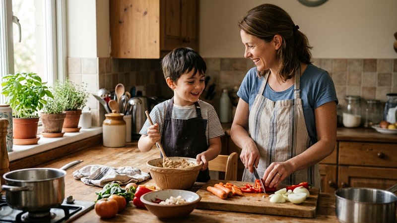Una madre y su hijo cocinando juntos en la cocina, charlando de forma distendida mientras ella corta verduras y él remue