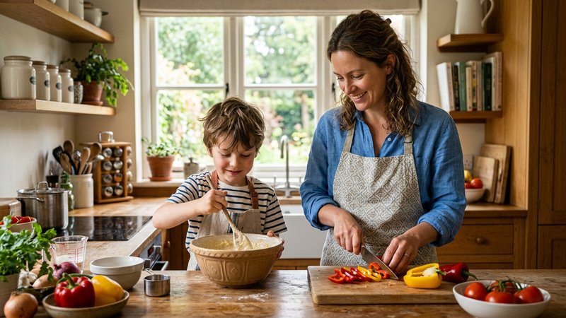 Una madre y su hijo cocinando juntos en la cocina, el niño removiendo un cuenco mientras ella corta verduras a su lado,