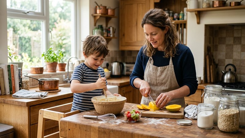 Una madre y su hijo cocinando juntos en la cocina, el niño removiendo un cuenco mientras ella corta fruta, ambos concent