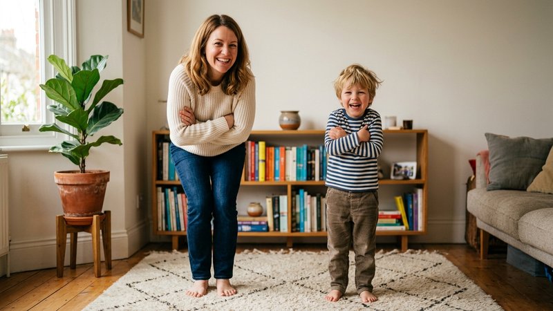 Una madre y su hijo de cuatro años, ambos de pie en el salón, cruzando los brazos sobre el pecho y encogiendo los hombro