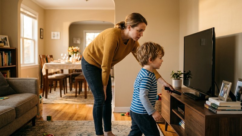 Una madre y su hijo pequeño de pie frente al televisor apagado del salón, ella con la mano bajando el mando y él ya girá