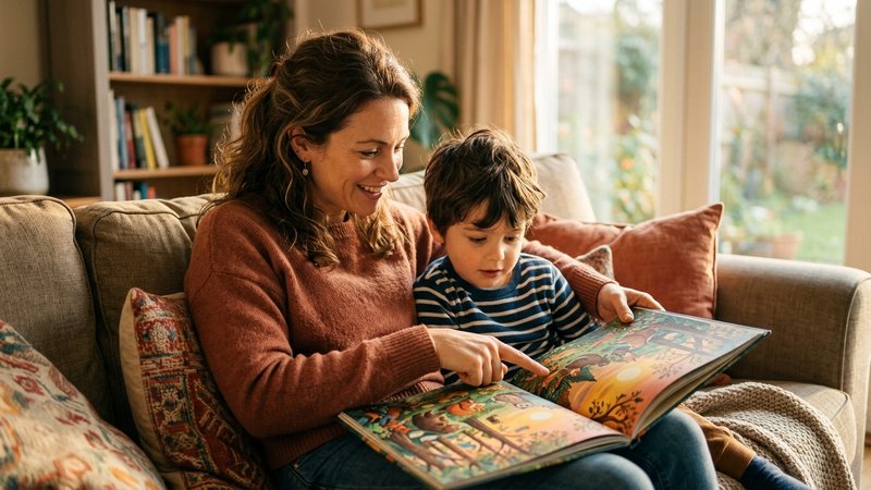 Una madre y su hijo pequeño sentados hombro con hombro leyendo un libro ilustrado, ella señalando una imagen y él siguié
