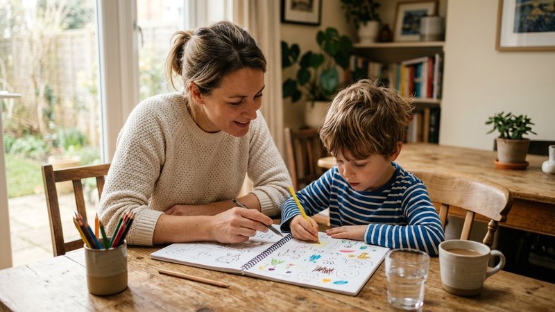 Una madre y su hijo pequeño sentados hombro con hombro frente a la mesa del comedor, mirando juntos un cuaderno abierto,