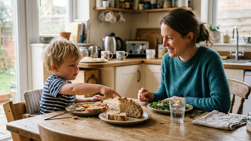 Una madre y su hijo pequeño sentados a la mesa de la cocina durante la comida, el niño señalando un trozo de pan en un p