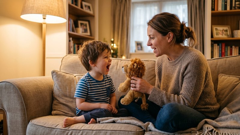 Una madre y su hijo pequeño sentados en el sofá inventando una historia con un león de peluche pequeño, ella rugiendo su