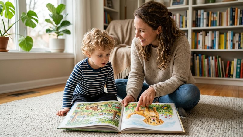 Una madre y su hijo pequeño sentados en el suelo con un libro ilustrado grande abierto entre los dos; ella señala el dib