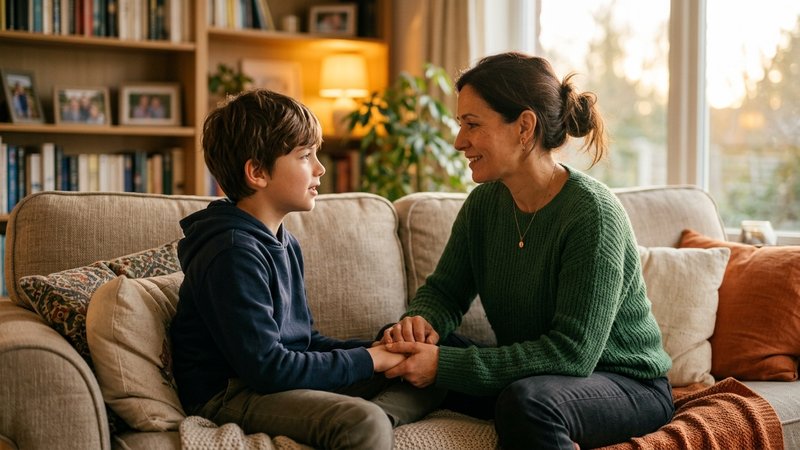 Una madre y su hijo sentados frente a frente en el sofá, ya tranquilos, conversando sobre lo ocurrido con gesto relajado