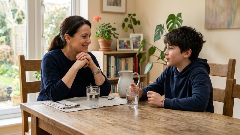 Una madre y su hijo sentados frente a frente en la mesa del comedor, ya calmados, conversando con tranquilidad; ella esc