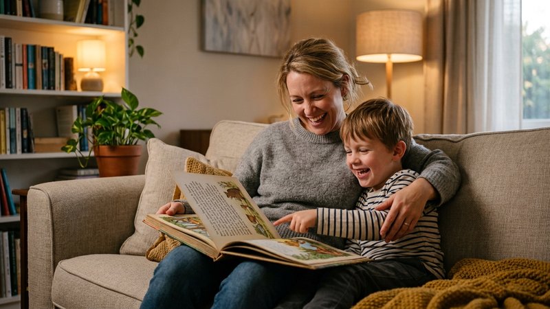 Una madre y su hijo sentados juntos en el sofá del salón compartiendo un libro ilustrado, relajados y riéndose