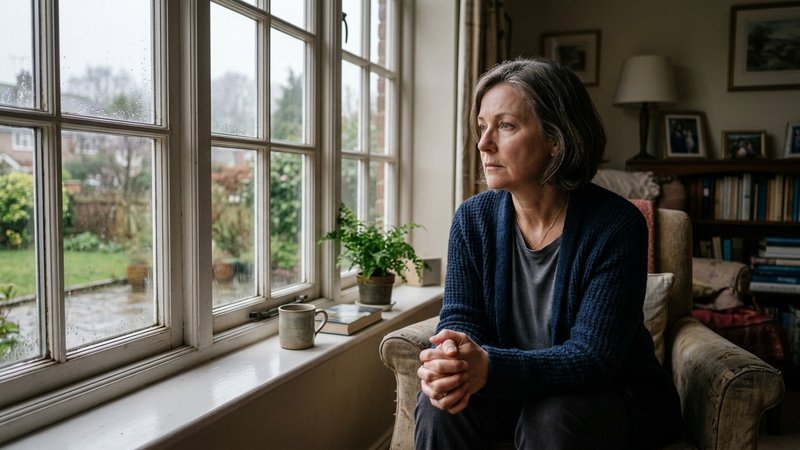 Una madre de mediana edad sentada sola junto a la ventana del salón, con las manos entrelazadas sobre el regazo y la mir